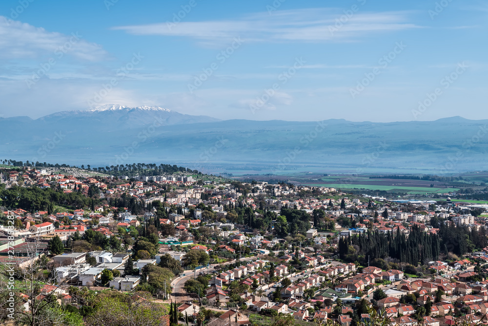 Israel, Rosh Pinna, view of the Hula Valley, Golan Heights and Mount Hermon.