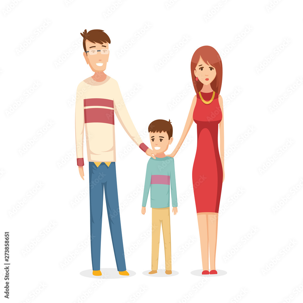 Happy young family. Dad, mom and son together. Vector illustration in cartoon style.