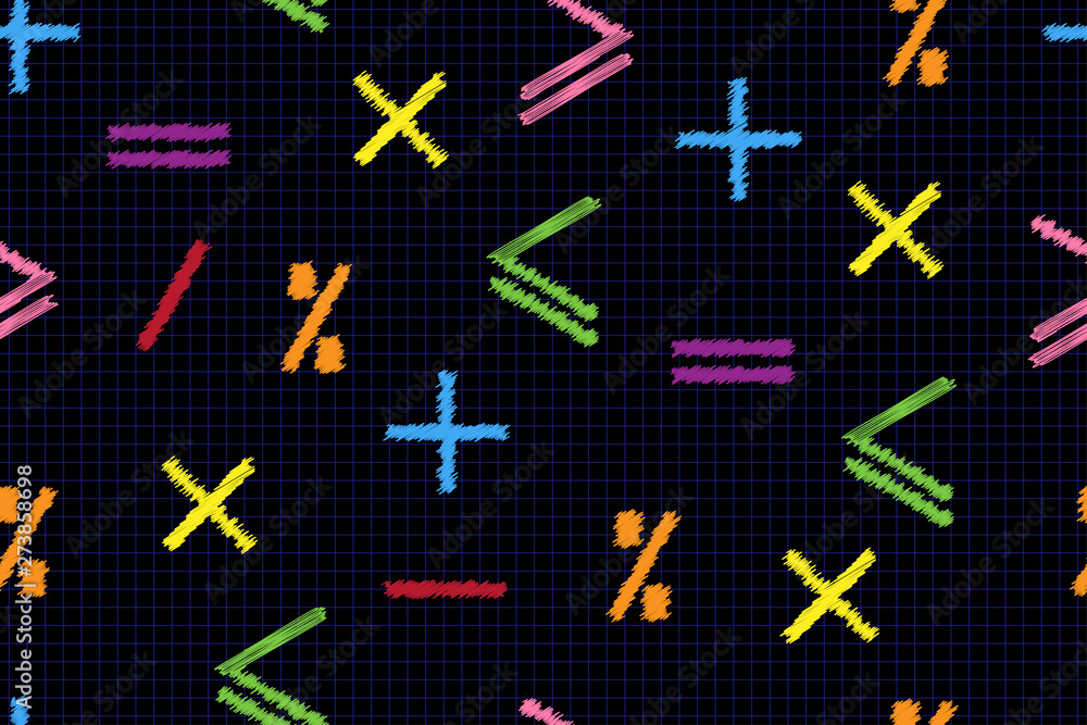 Mathematical seamless pattern of multi-colored math signs on a stripe-lined sheet, concept of education or business Mathematical seamless pattern of multi-colored math signs on a stripe-lined sheet, concept of education or business