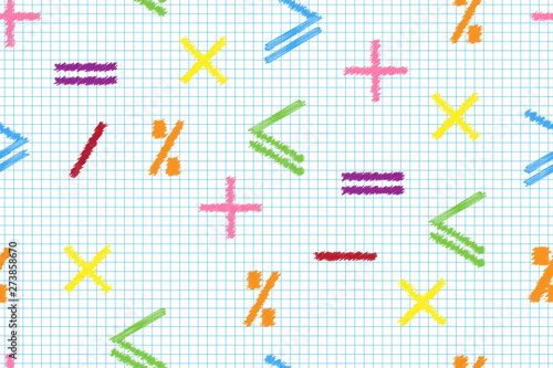 Mathematical seamless pattern of multi-colored math signs on a stripe-lined sheet, concept of education or business
