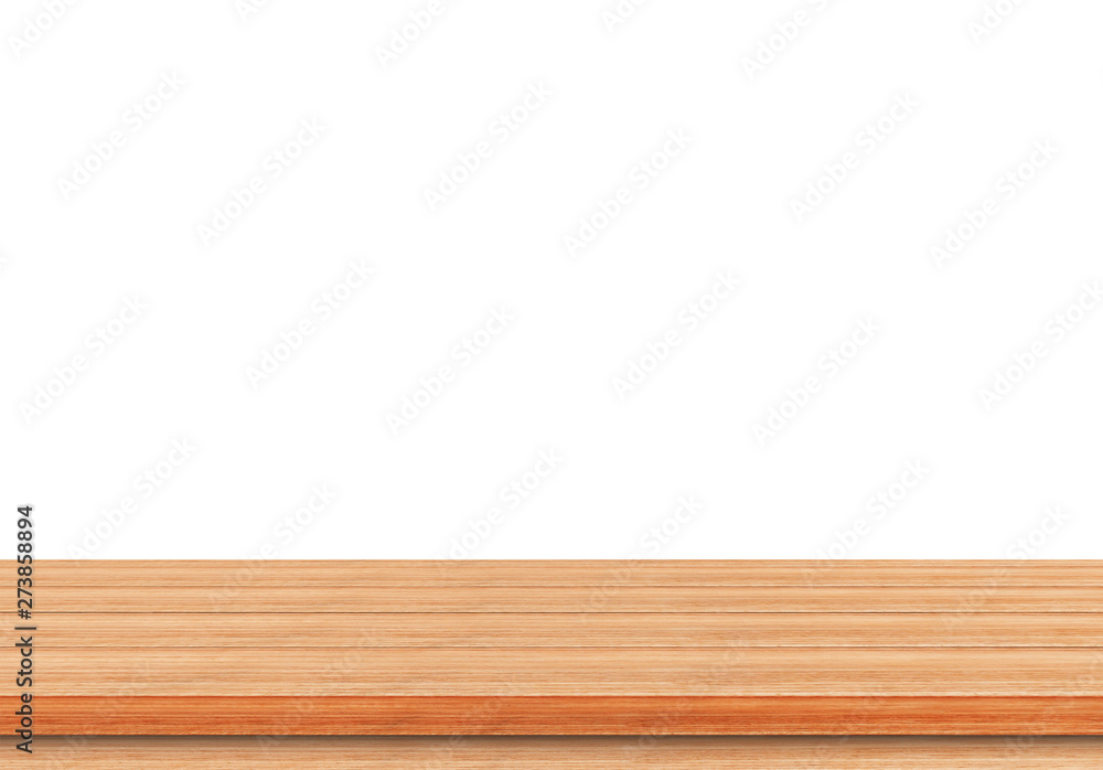 Empty wood table top on white background, Used for display or montage your products Empty wood table top on white background, Used for display or montage your products