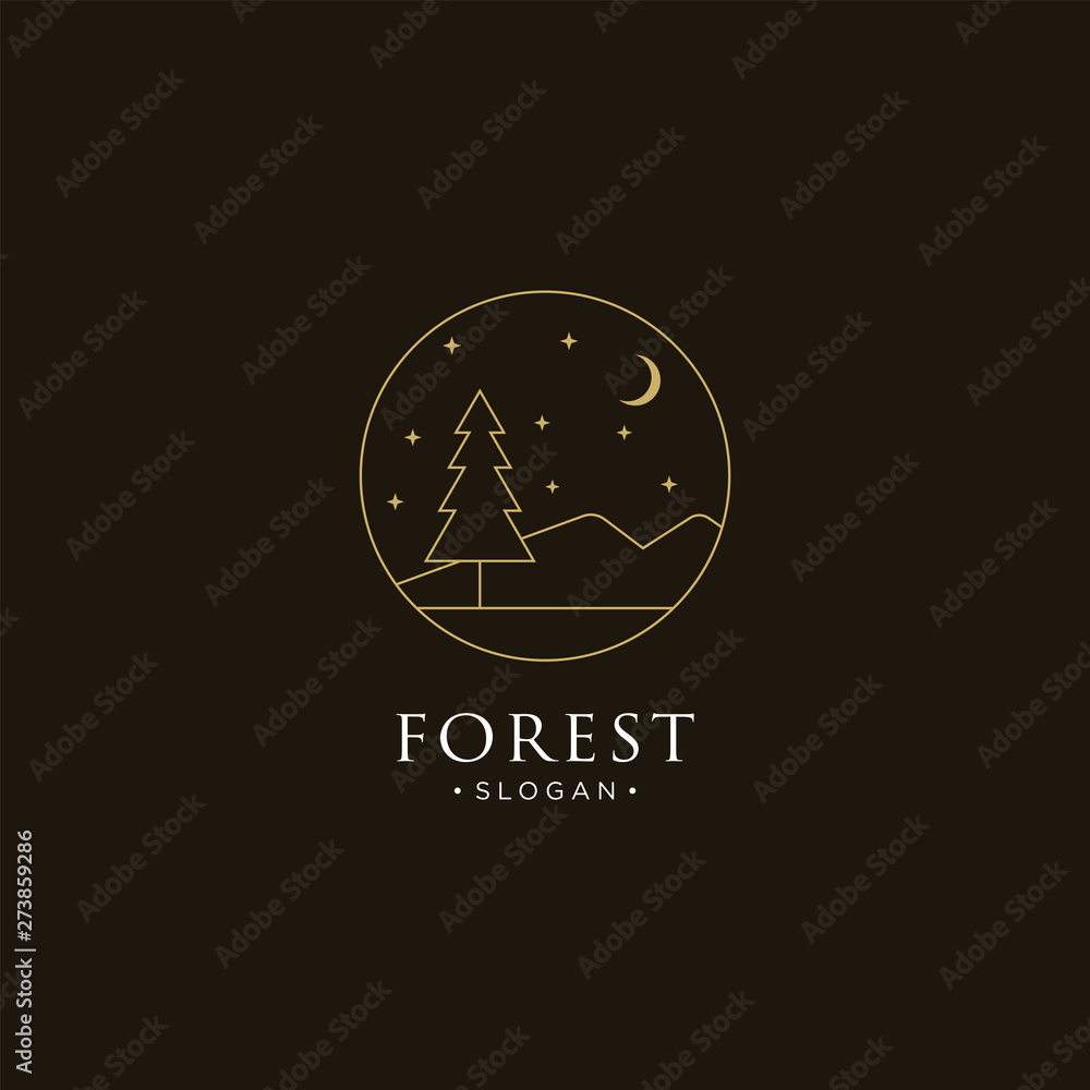 Obraz premium monoline forest, mountain and wave logo icon vector