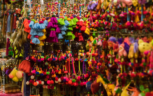 Stuffed animals produced by hand. The string and the pendulum yarn of various colors. Be hung for decoration. Placed inside the Chatuchak weekend market. Bangkok  Thailand.
