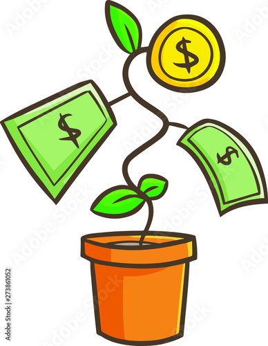 Cute and funny money grows from a plant pot
