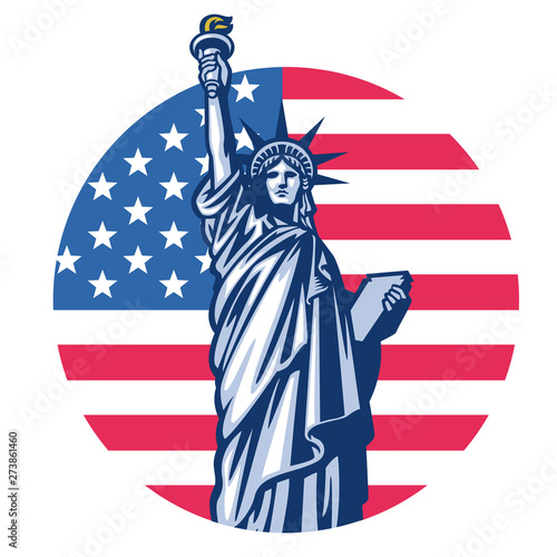 liberty statue with united states flag background