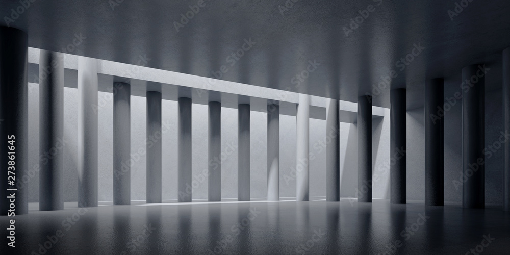 Fototapeta premium Abstract of concrete space and column with sun light cast the shadow on the wall and floor,Idea of architecture design,3d rendering