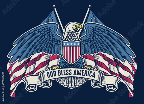 vintage handdrawn american eagle with flag as background