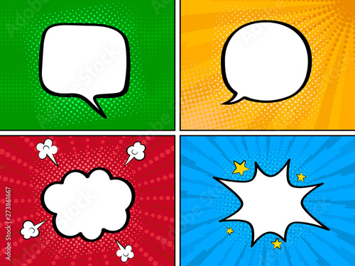 Colorful comic book background with blank white speech bubbles of different shapes. Vector illustration in pop art style