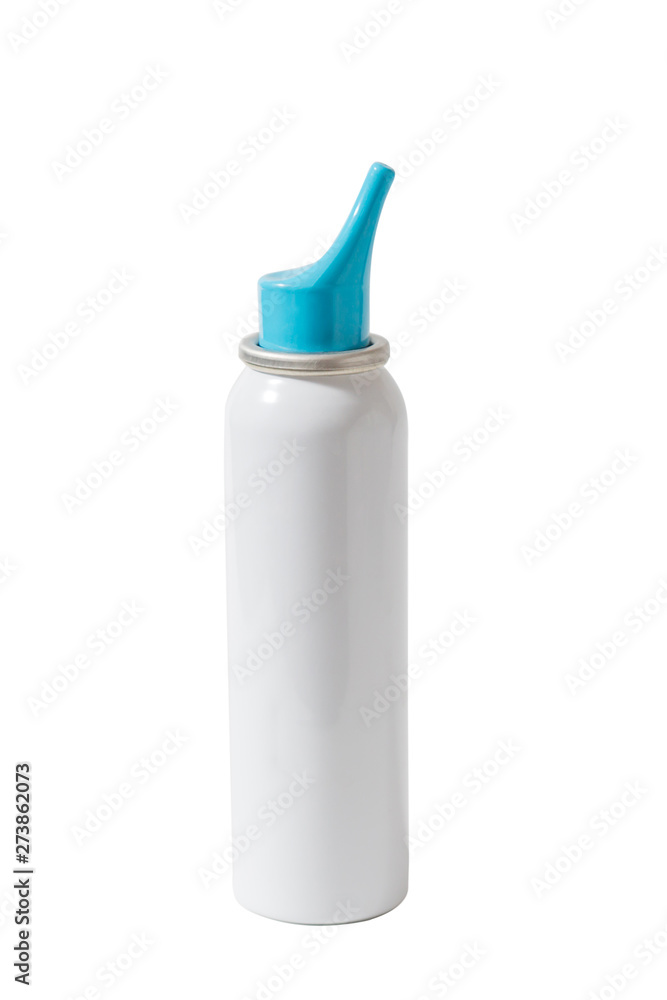 A white tube of spray against a common cold with a blue nose isolated on white background, there is a revenge for the signature. A white tube of spray against a common cold with a blue nose isolated on white background, there is a revenge for the signature.