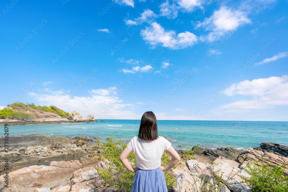 Young girl woman female on Beautiful Tropical Beach PP Island, Krabi, Phuket,  Thailand blue ocean background Women items vacation accessories for holiday  long weekend idea for planning travel