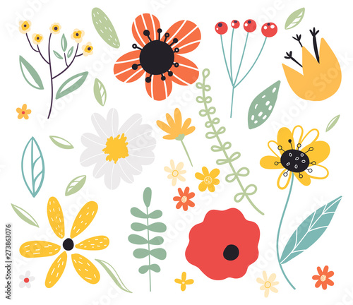 Early spring forest and garden flower.Set of decorative floral design elements. Flat cartoon vector illustration.