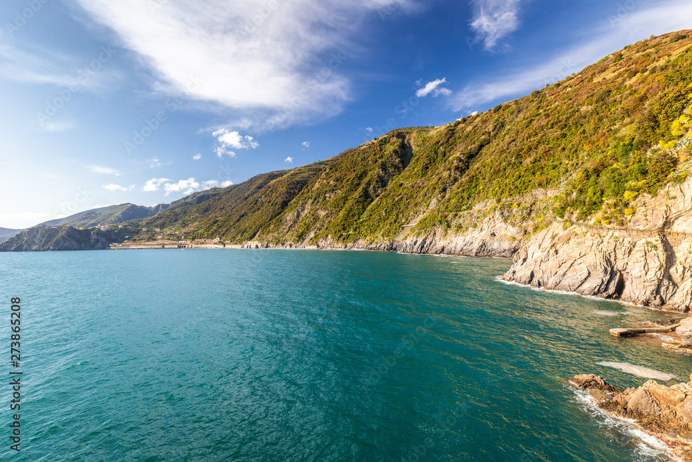 The Ligurian Sea and coast near of the famous Cinque Terre towns, Italy.
