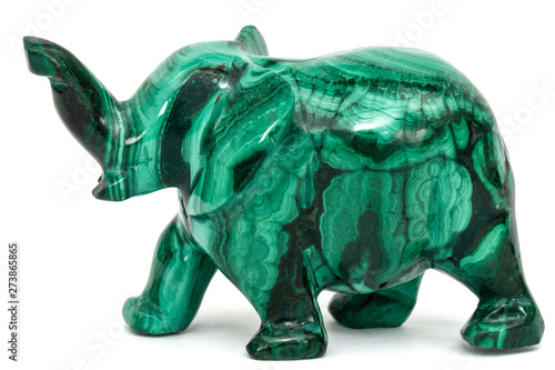 Elephant figurine from malachite, isolated on white background