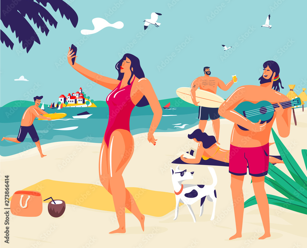 Lady in red swimsuit making selfie with ukulele player with dreads on sandy beach with couple people in background. Vacation / holidays illustration.