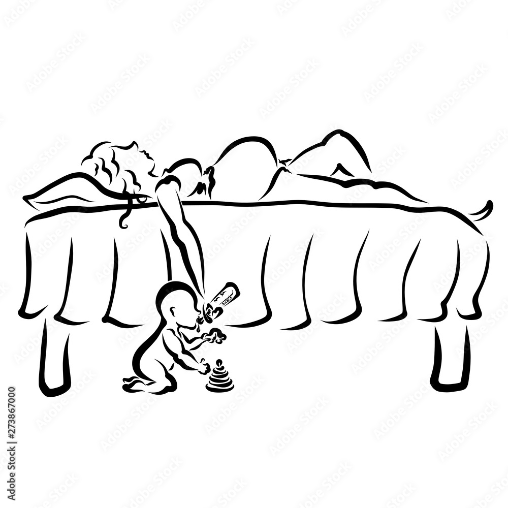 Fototapeta premium A tired pregnant woman fell asleep on the bed, the baby eats from a bottle in her hands and plays