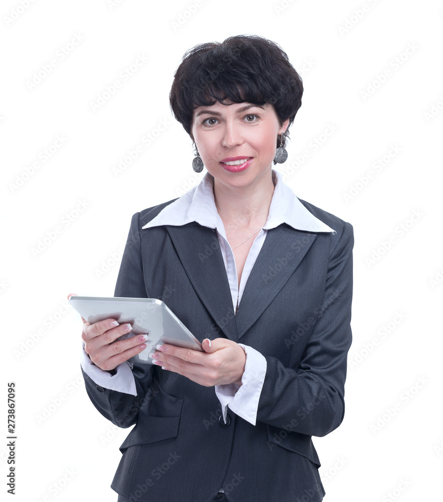 modern business woman with digital tablet.isolated on white modern business woman with digital tablet.isolated on white