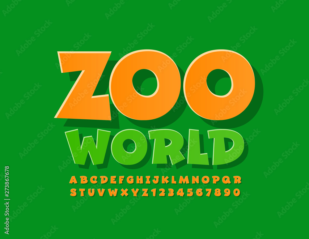 Vector bright logo Zoo World with Orange Uppercase Font. Comic style