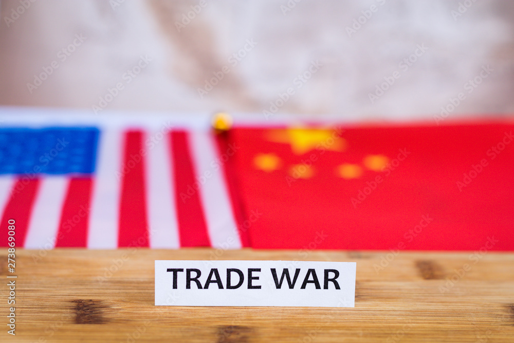 Fototapeta premium Trade War shipping business concept with USA and China flag in background