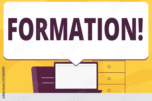 Word writing text Formation. Business photo showcasing Body of rocks Particular Troops Parts disposition Forming process Blank Huge Speech Bubble Pointing to White Laptop Screen in Workspace Idea photo