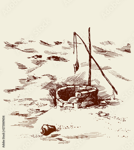 Man and camels at withered well in desert. Vector drawing