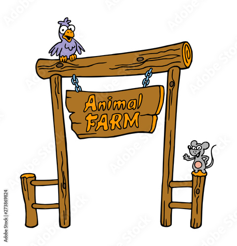 wooden gate with blackboard and headline Animal farm and sitting bird and mouse, color line drawing