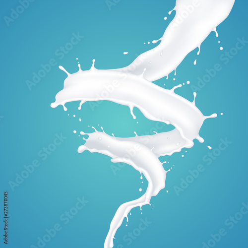 Realistic milk flow and splash, isolated on blue background.
