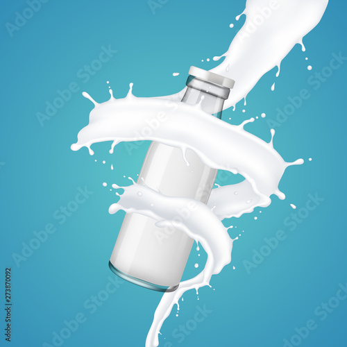 Realistic milk flow and splash with bottle, isolated on blue background.