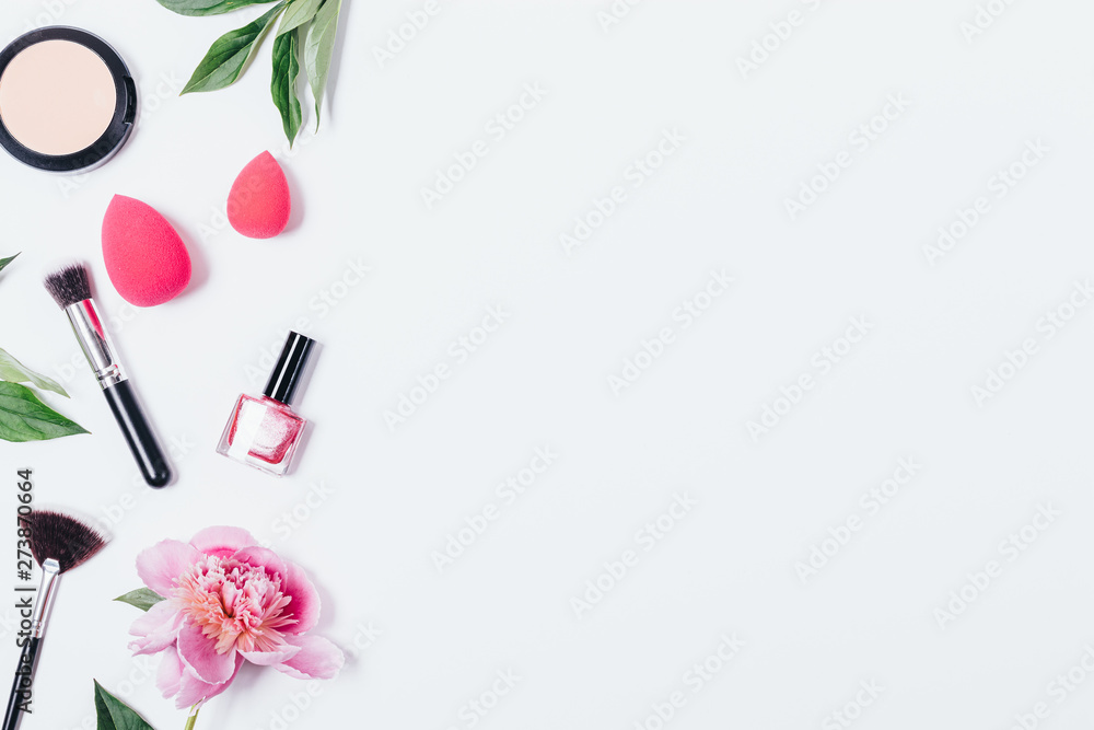 Side lay border composition of feminine makeup products Stock Photo | Adobe Stock