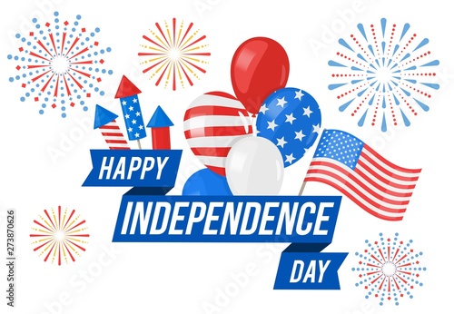 American Independence Day  festive banner with american flags and fireworks  4th of July. Vector