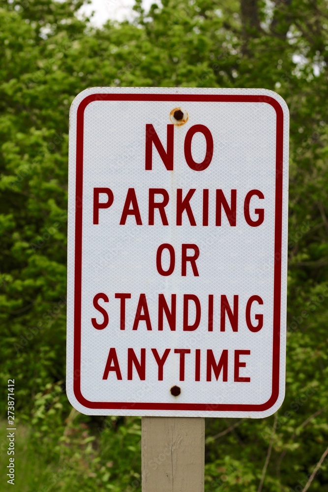 A close view of the no park or standing sign.