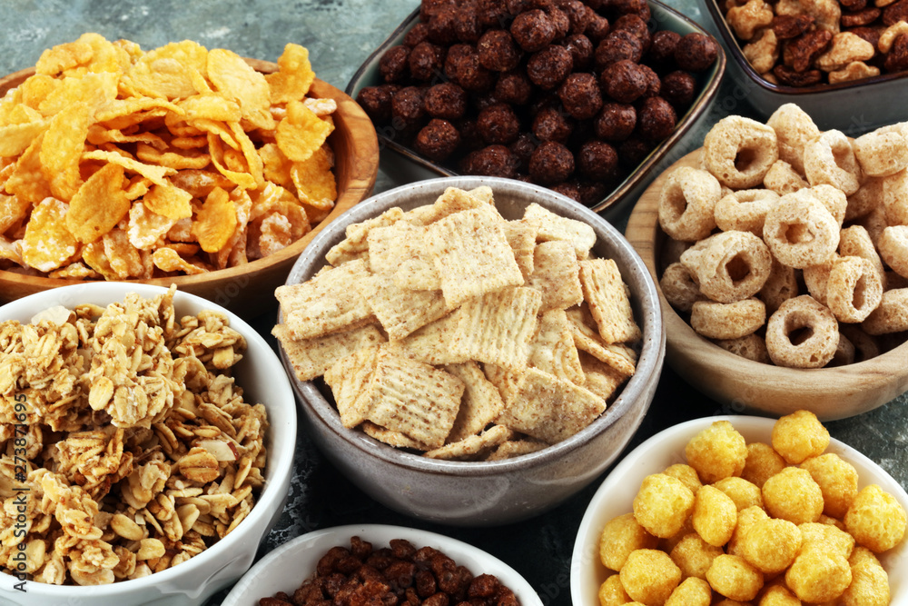 Cereal. Bowls of various cereals for breakfast. Muesli with kids cereals. Cereal. Bowls of various cereals for breakfast. Muesli with kids cereals.