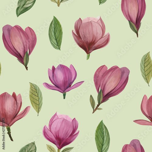 Floral spring seamless pattern  vintage flowers bouquet  magnolia  twigs and leaves  botanical watercolor illustration.