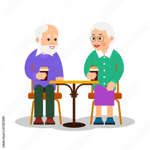 Old people in cafe. Happy couple travel together. Grandmother and grandfather in coffee cafe. Meeting pensioners in restaurant. Isolated flat illustration on white background. Happy retirement