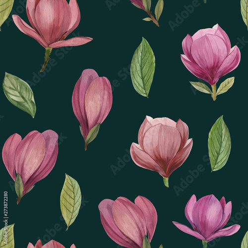 Spring seamless illustration with magnolia. Floral purple pattern with watercolor realistic flowers on dark background for your design and decor.