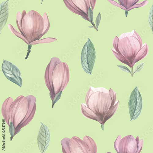 Floral spring seamless pattern  vintage flowers bouquet  magnolia  twigs and leaves  botanical watercolor illustration.