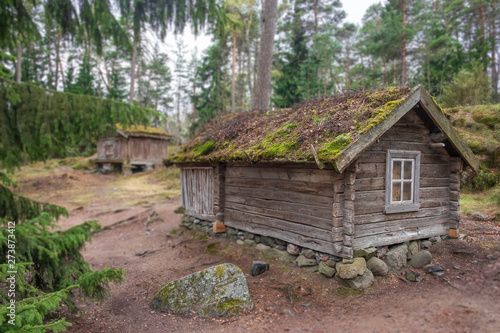 Helsinki  Finland wooden houses with an earthen roof in open air ethnographic museum