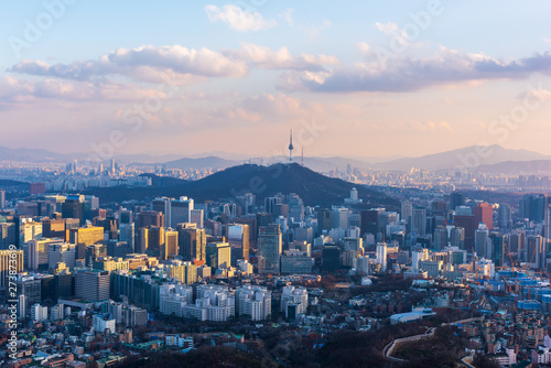 Aerial view of Sunset at Seoul City Skyline,South Korea.