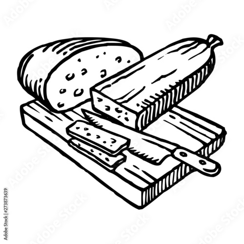 salami and sliced slices, bread, knife and wooden cutting board, black and white line drawing