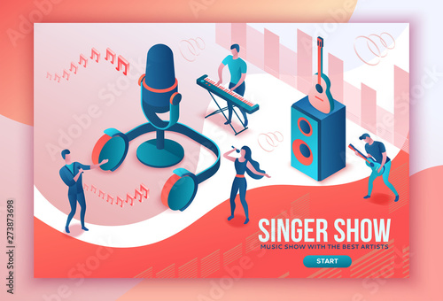 Isometric music radio show 3d illustration, modern concert poster, audio blog concept, vector landing page with people singing, microphone, guitar, podcast recording sound studio, living coral color