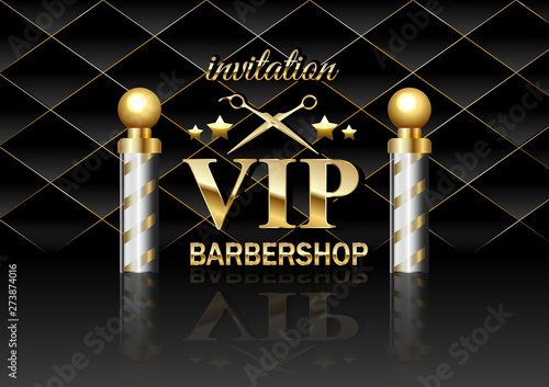 VIP hair salon Golden design elements and text, on black velvet background.