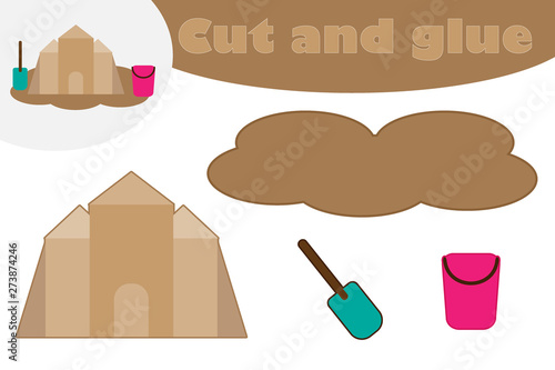 Sand castle in cartoon style, education game for the development of preschool children, use scissors and glue to create the applique, cut parts of the image and glue on the paper, vector illustration