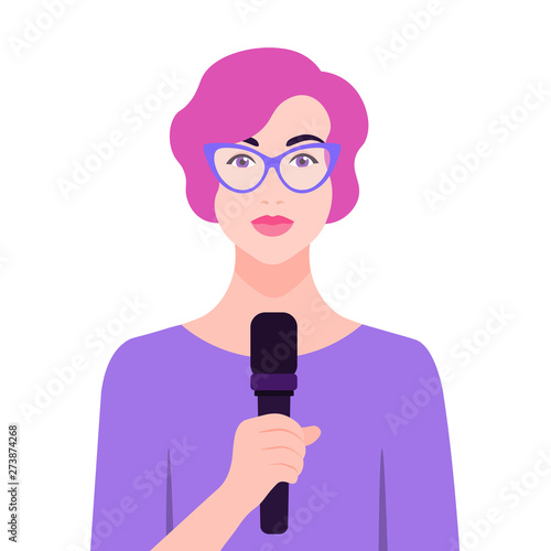 European woman talking in microphone in front of conference. Human rights and social activities. Business and education. Vector flat illustration