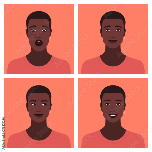 Set of avatars of the African guy. Different emotions: happiness, curiosity, dreaming and shock. Vector flat illustration
