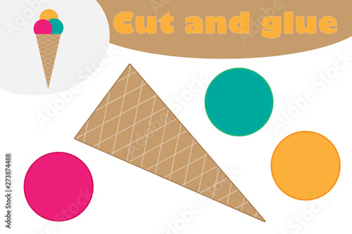 Ice cream in cartoon style, education game for the development of preschool children, use scissors and glue to create the applique, cut parts of the image and glue on the paper, vector illustration