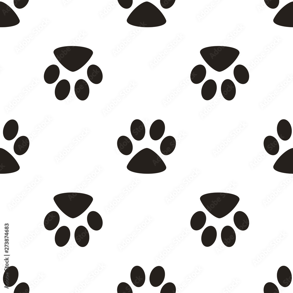 Fototapeta premium Cute paw seamless pattern, cat feet steps, pet design. Texture for wallpapers, fabric, wrap, web page backgrounds, vector illustration