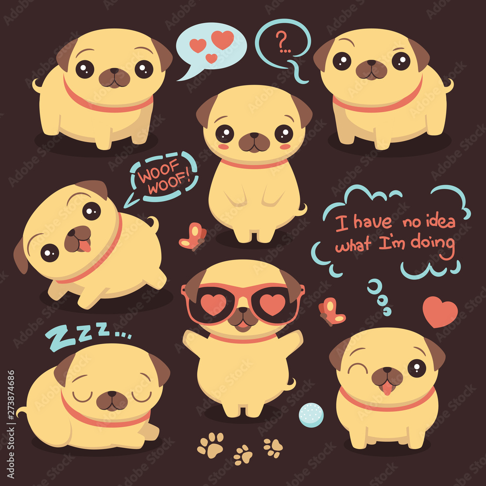 Cute happy pug little dog set of elements, happy funny animal, childish collection, vector illustration