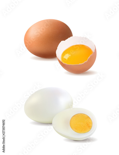 Hard boiled and raw eggs realistic set isolated on white background vector illustration. EPS10