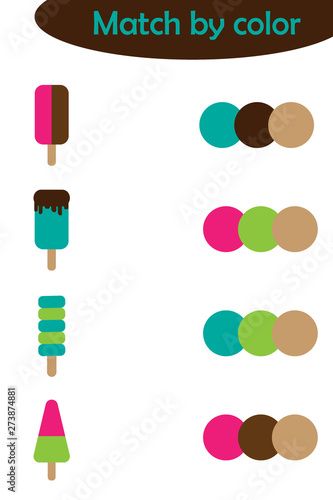 Matching game for children, connect colorful ice cream with same color palette, preschool worksheet activity for kids, task for the development of logical thinking, vector illustration