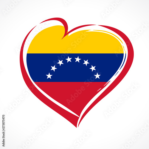 Love Venezuela, heart emblem in national flag colored. Flag of Venezuela with heart shape for Venezuelan Independence Day isolated on white background. Vector illustration