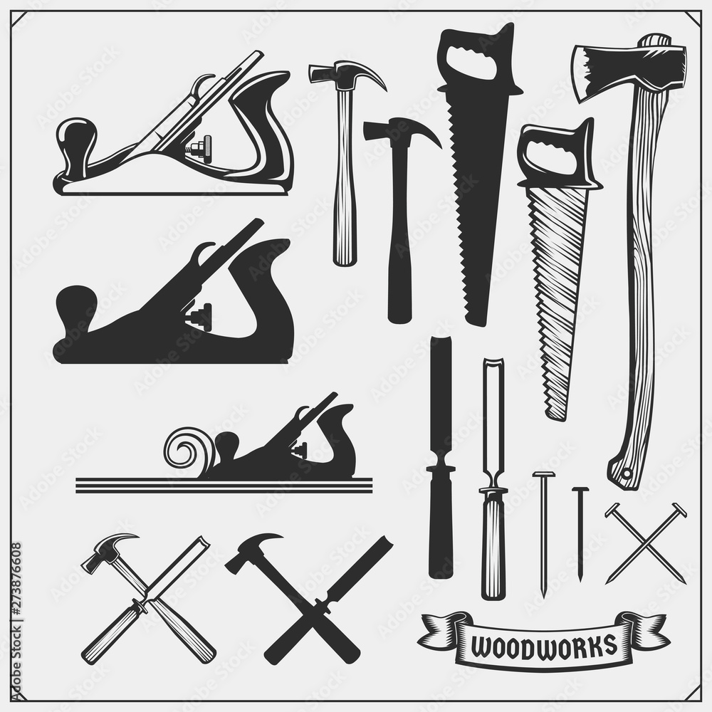 Set of woodworking and carpentry wood work tools. Carpentry Shop design. Black and white vector illustration. - obrazy, fototapety, plakaty 